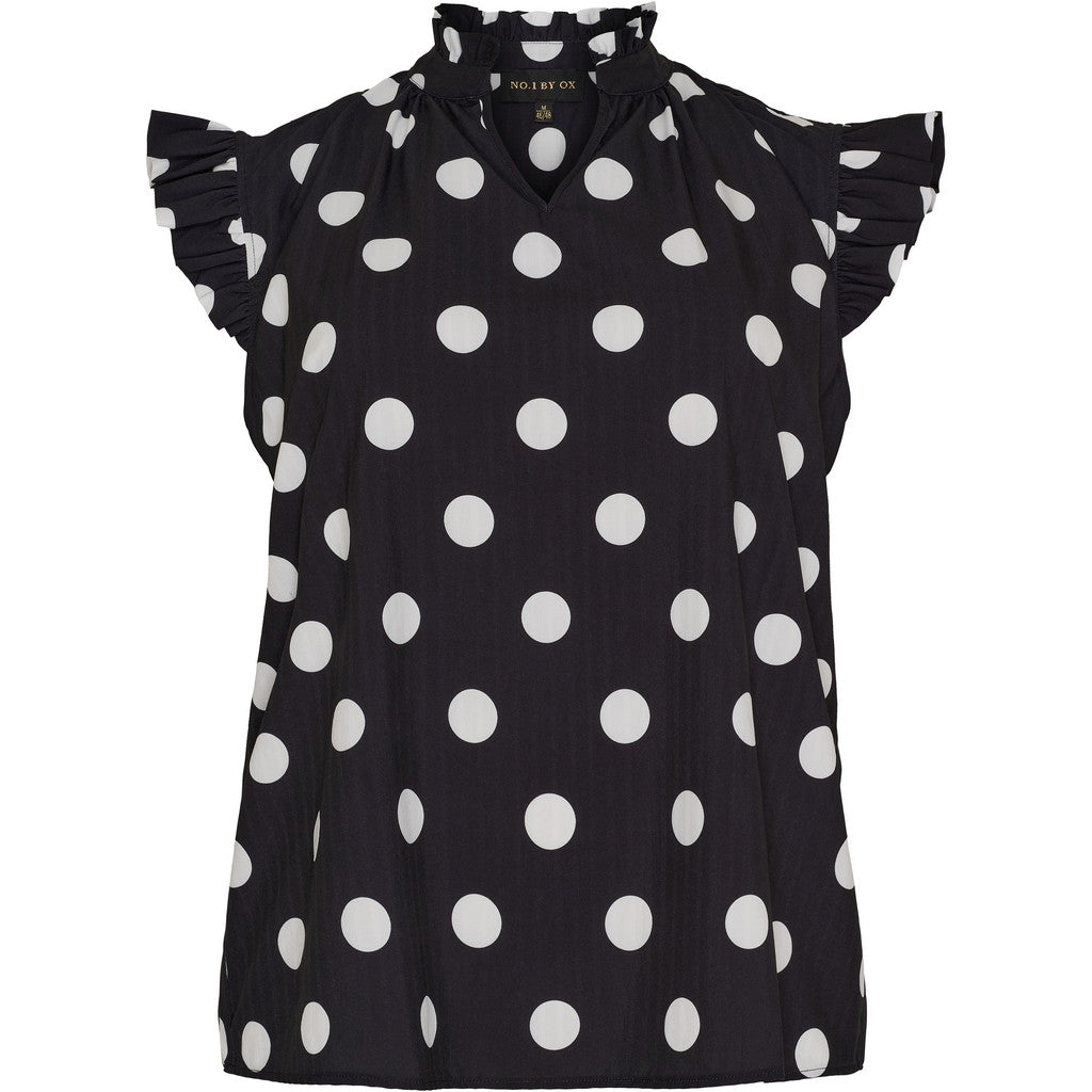 NO. 1 BY OX Sleeveless Blouse w flair edge Bluser Black w White Dots