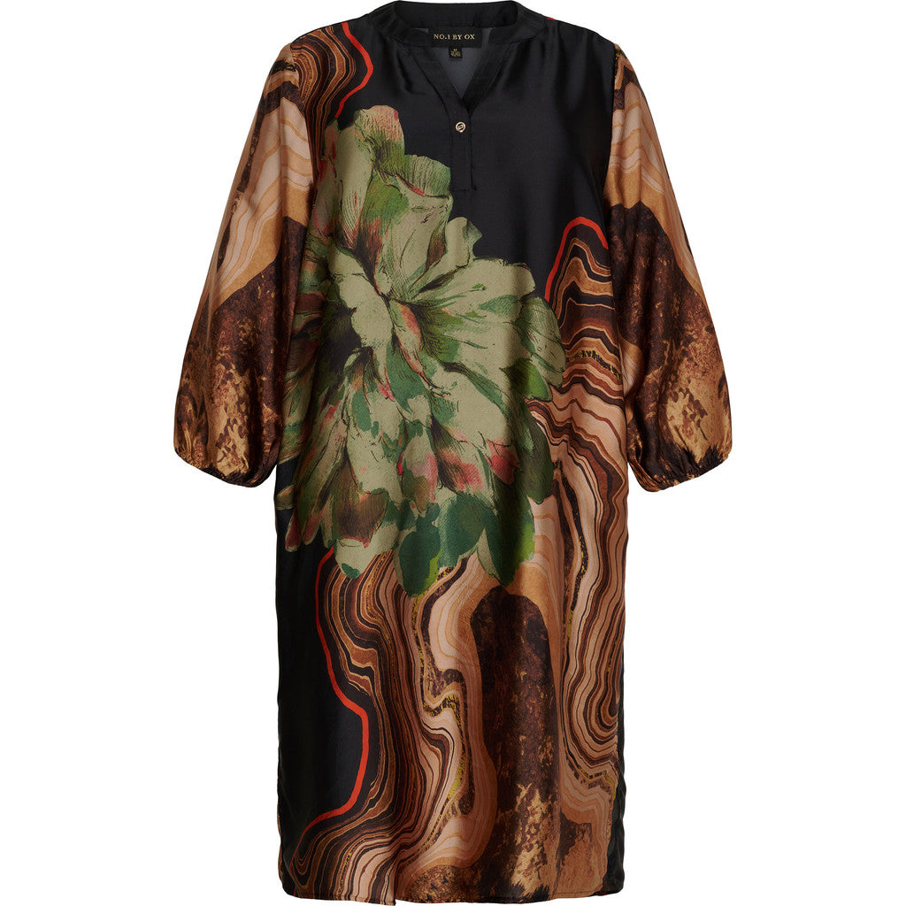 NO. 1 BY OX Tunic Dress 3/4 sleeves, elastic in cuffs and pockets Kjoler Black w Flower and Canyon Brown vibes