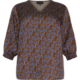 NO. 1 BY OX V neck Blouse 1/2 sleeves smock cuffs Bluser Stone Brown w Snorkel Blue Flowers