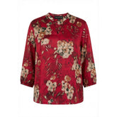 NO. 1 BY OX V neck Blouse w 1/2 sleeves Bluser Deep Red w Camel Brown Flowers w gold lines