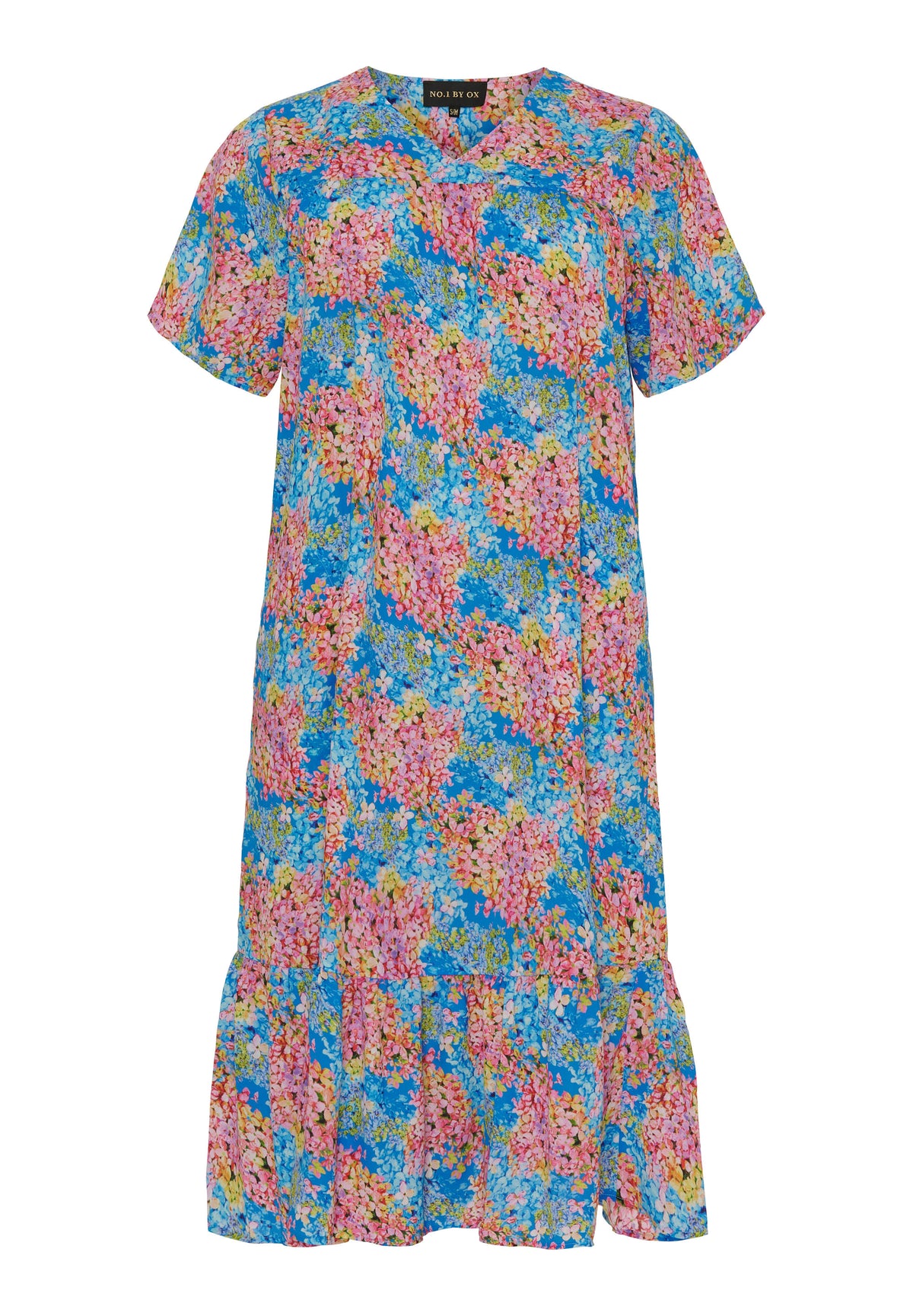NO. 1 BY OX V neck Dress w wide SS sleeves Kjoler Clear Blue with multicolored flowers