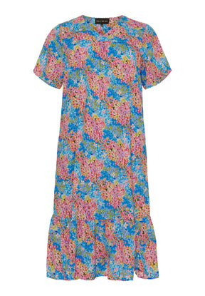NO. 1 BY OX V neck Dress w wide SS sleeves Kjoler Clear Blue with multicolored flowers