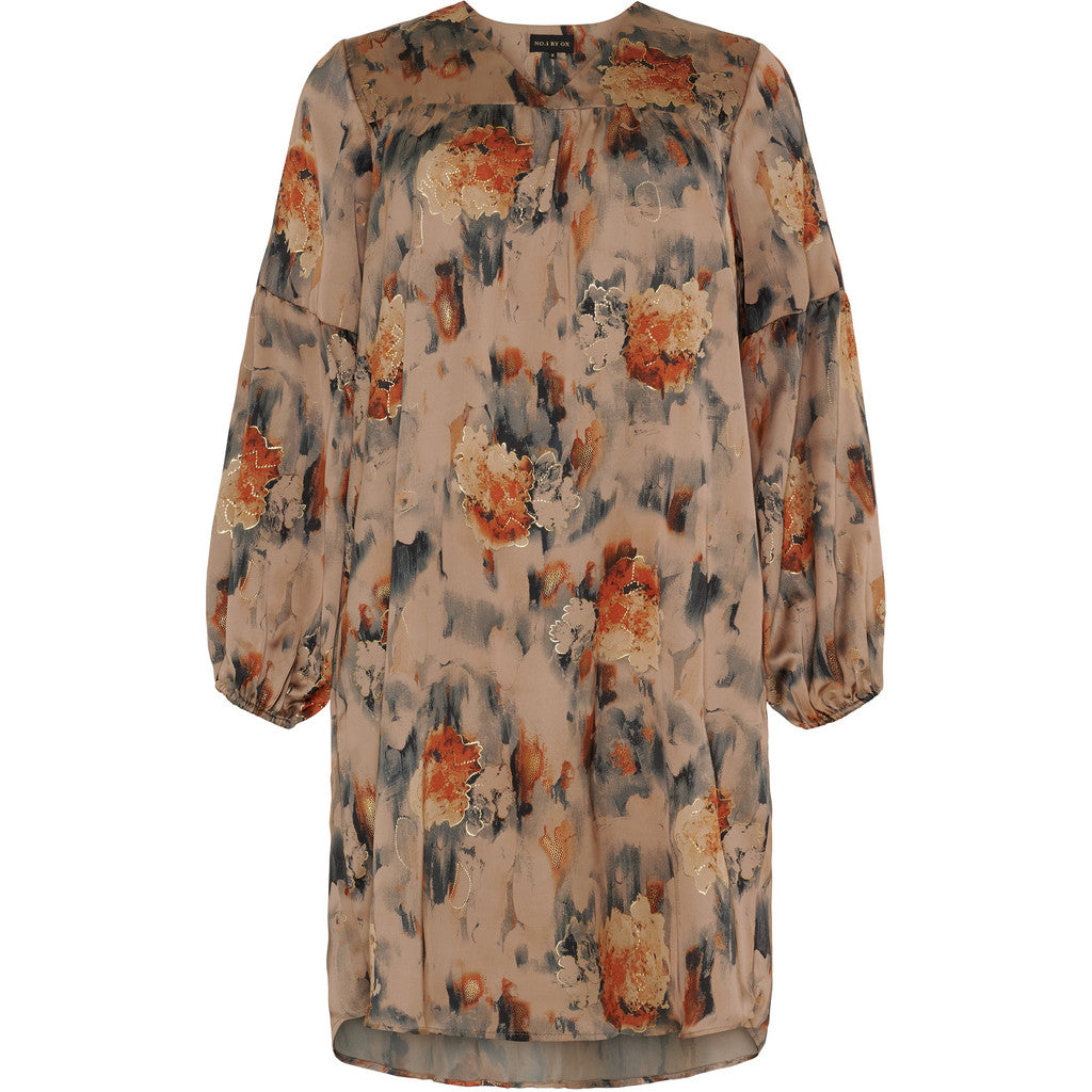 NO. 1 BY OX V neck Dress w yoke and puff sleeves Kjoler Warm sand w Apricot flowers and gold foil