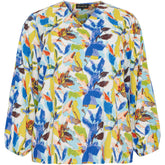 NO. 1 BY OX V neck blouse 3/4 sleeves w elastic in cuffs Bluser Cream w blue and yellow flowers