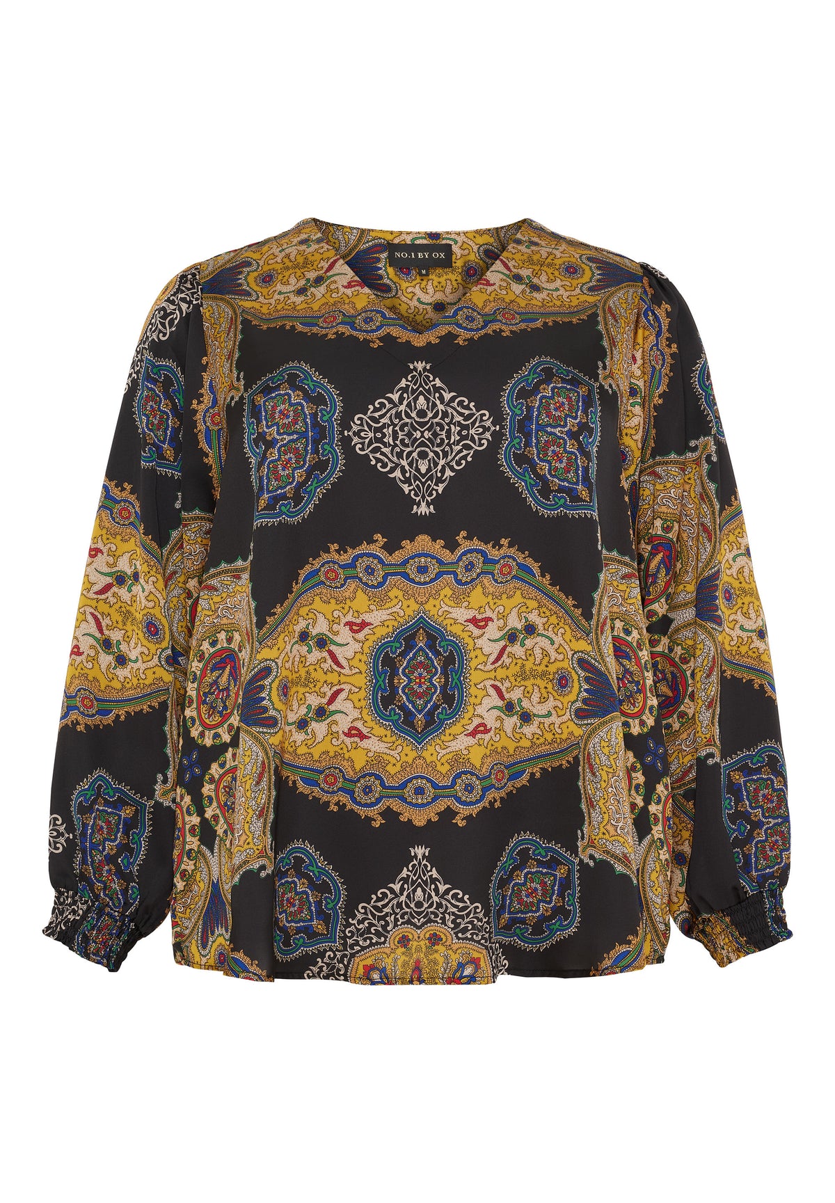 NO. 1 BY OX V neck blouse and LS smock cuffs Bluser Black w multicolored paisley print