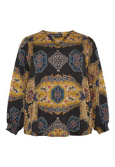 NO. 1 BY OX V neck blouse and LS smock cuffs Bluser Black w multicolored paisley print