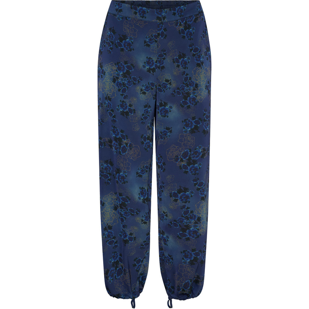 NO. 1 BY OX Wide Pants w hidden circle string Bukser Snorkel Blue w Blue Gold Flowers