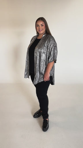 NO. 1 BY OX Kimono i silver-look Bluser Black w metallic Silver