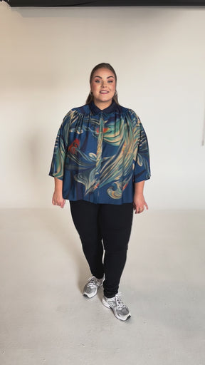 NO. 1 BY OX Kimono Blouse Bluser Dark Cobalt Blue w big graphic print